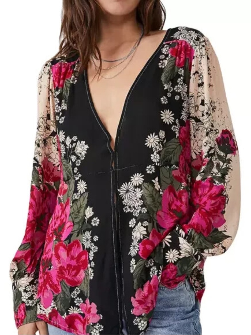 Free People Black Tunic with Fuchsia Floral Print